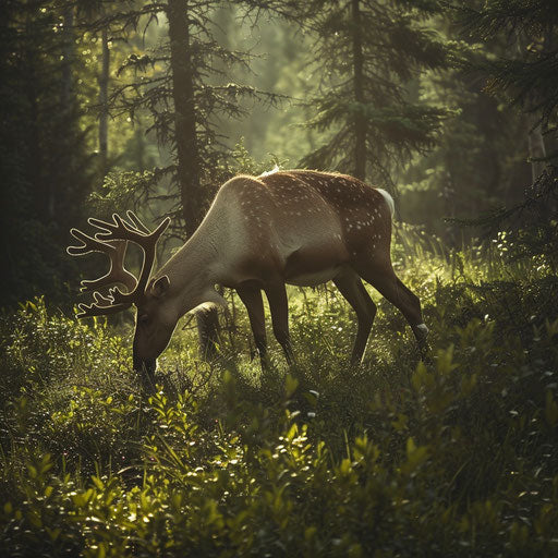 Woodland caribou grazing in a lush forest under the soft morning sun glow.