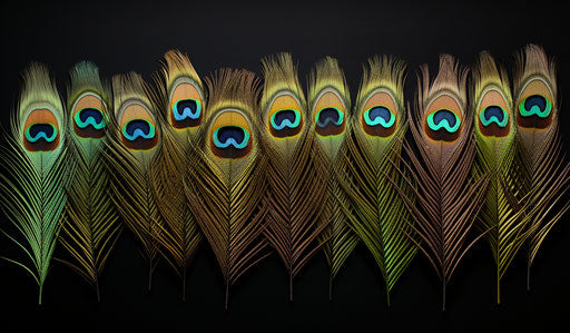 16 peacock feathers green/pink/blue/black, raphaelle peale style