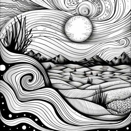 Windblown desert sand patterns - Coloring book page