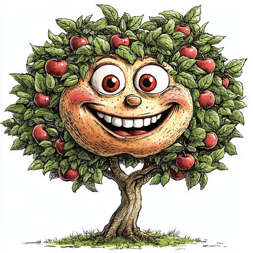 Humorous caricature of an apple tree with human characteristics