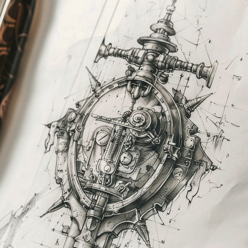 Renaissance-inspired mechanical tattoo design with an automaton Leonardo da Vinci sketch style, on a white background