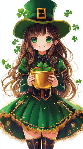 Girl in green with gold pots and leprechaun hat