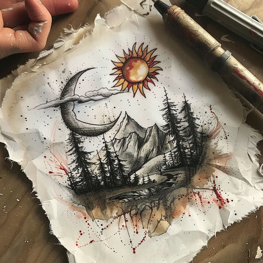 Adventurous tattoo sketch of a sun and moon with mountains and forests, natural colors