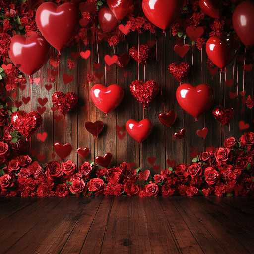 Valentine's Day photo backdrop with heart-shaped balloons and red roses