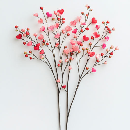 Three bunches of pink and red heart-shaped floral stems with small berries, on a white background, product photography.