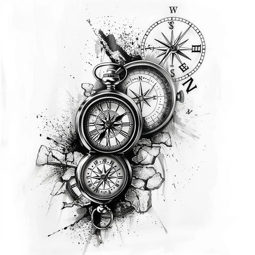 True north tattoo with compass and clock, time travel theme, on white background