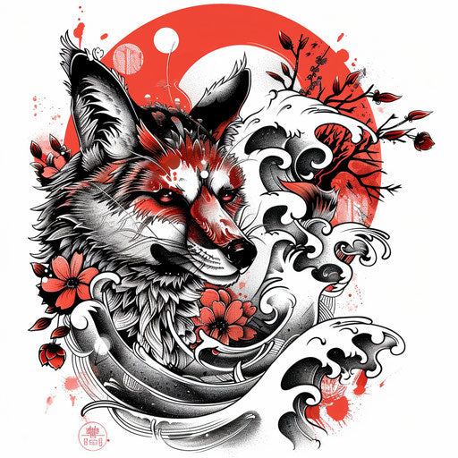 Intricate flat tattoo sketch of a kitsune blending traditional Japanese art with modern clipart influences