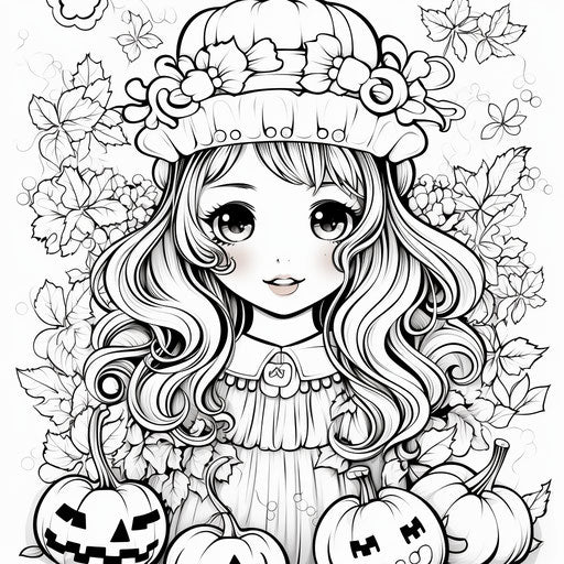 Adult coloring page of a cute girl with pumpkins