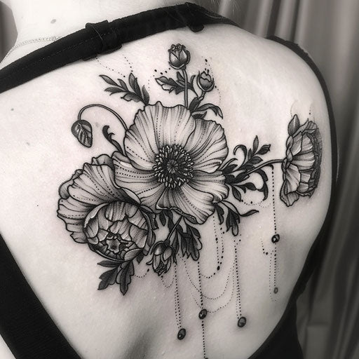 Gothic style poppy tattoo with dark themes and details