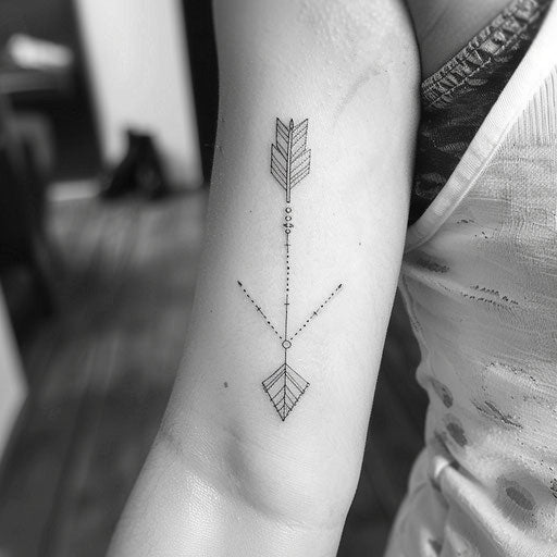 Minimalist geometric arrow tattoo on white background