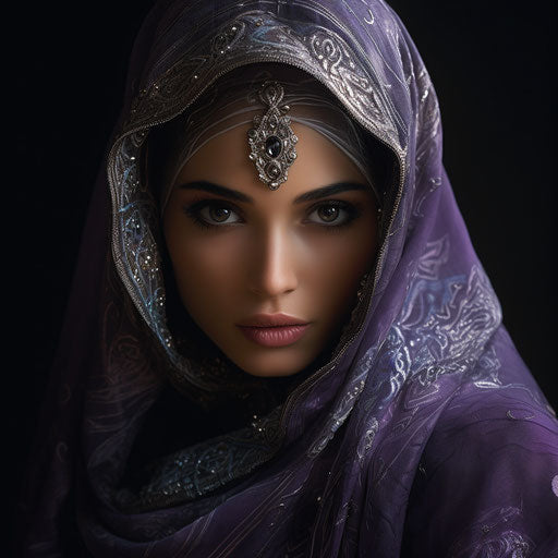 Beautiful Muslim woman in hijab, diverse elements, silver and magenta