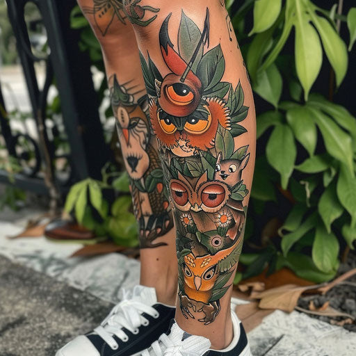 Women's leg tattoos Steve Sack style funny animals