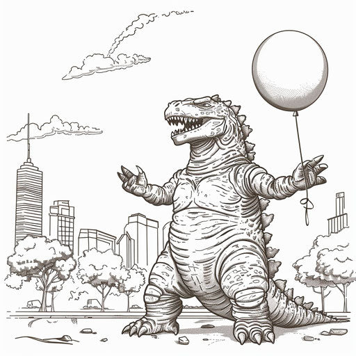 Playful Godzilla holding a balloon in a park