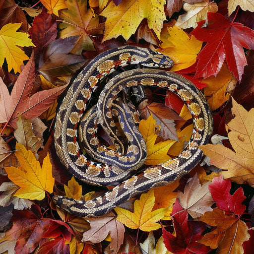 Garter snake among colorful autumn leaves