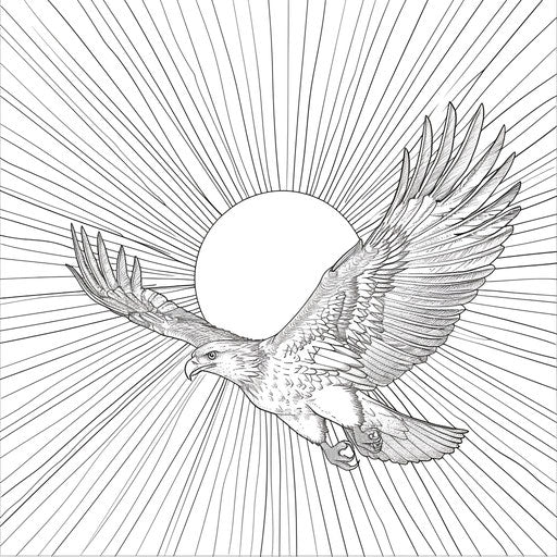 Eagle soaring against sunburst. Coloring book page