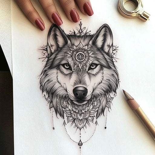 Flat tattoo sketch of a wolf with mandala design