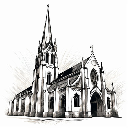 Illustration of a church in the style of Chiaroscuro Art, on white background
