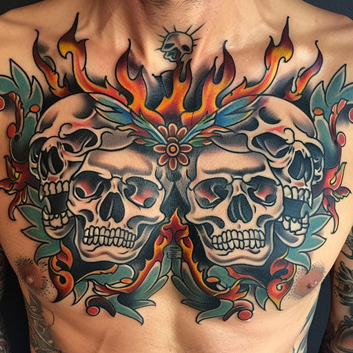 Men's chest tattoo of traditional skulls and flames