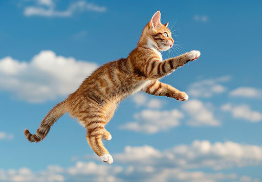 Happy cat jumping blindly, uniform staged image style