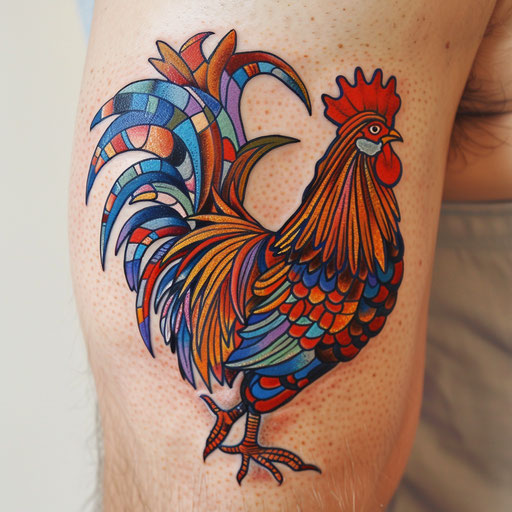 Cartoonish rooster tattoo artwork, colorful and playful