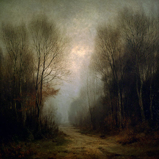 Misty forest path in a muted autumn setting