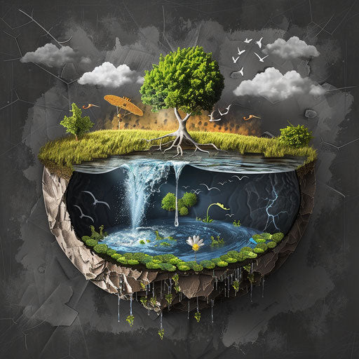 Water cycle illustration with dramatic contrast and detail