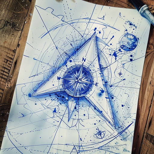 Adventurous tattoo sketch of a paper airplane with compass and globe elements in navy blue