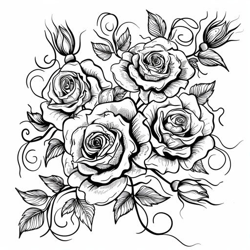 Elegant bouquet of roses with swirling vines and leaves