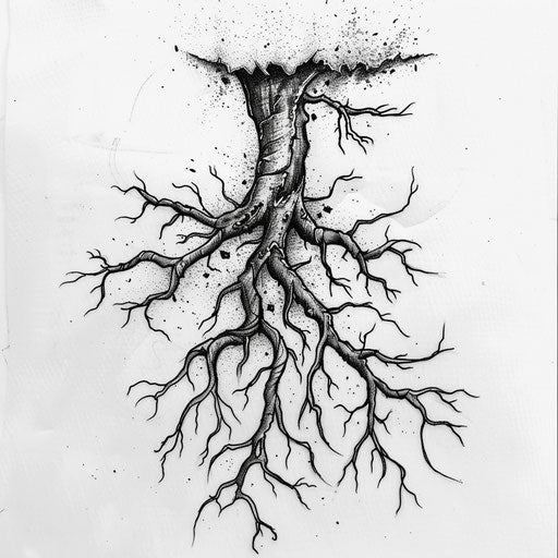 Energetic flat tattoo sketch of dynamic roots breaking through the soil