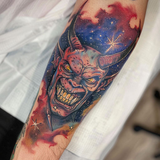 Galactic devil tattoo on white canvas
