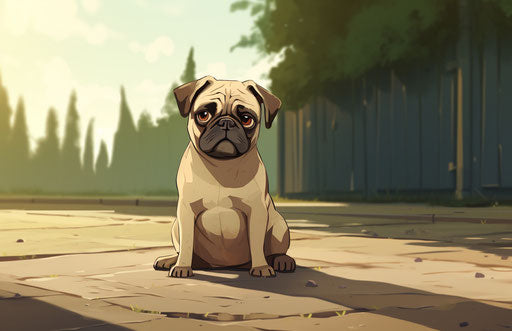 A pug sitting in front of a gravel path