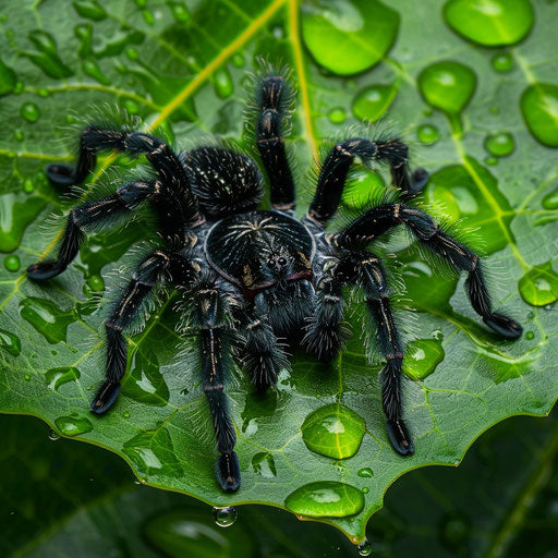 Tarantula on a vibrant green leaf with water droplets