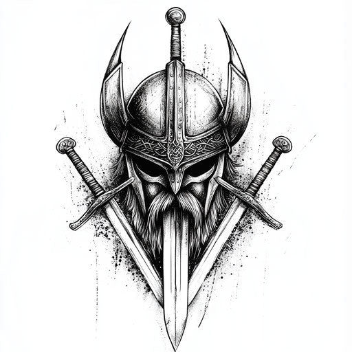 Thigh tattoo sketch with Viking warrior helmet and swords