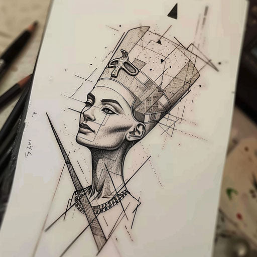 Contemporary flat tattoo sketch of Nefertiti with geometric patterns and sharp angles