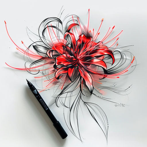Modern tattoo sketch of a red spider lily with neon outlines and a futuristic touch