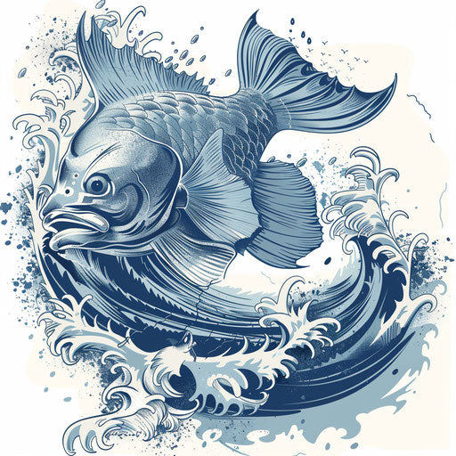 High sea fishing scene with a deep sea fish styled as an abstract tattoo