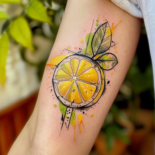 Vibrant lemon tattoo sketch with citrus watercolor splashes
