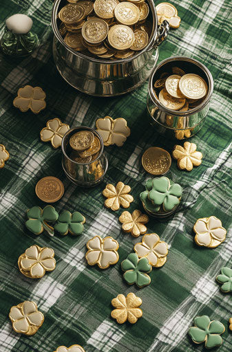 St. Patrick's Day setting with silver pots and shamrock cookies