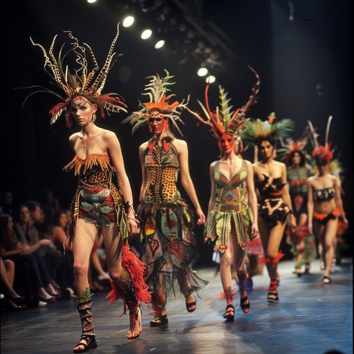 Fashion runway show with gazelles modeling avant-garde, nature-inspired outfits