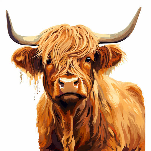 Highland cow in Oil painting style on white background
