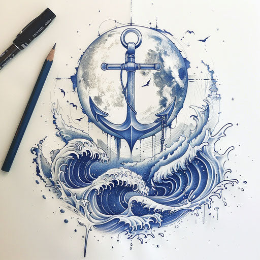 Nautical flat tattoo sketch of a full moon with anchor and waves, navy blue and white