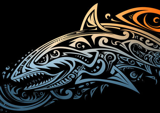 Tribal shark tattoo in black and white, graphic design