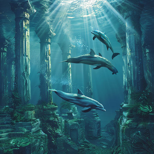 Dolphins swimming around ancient ruins