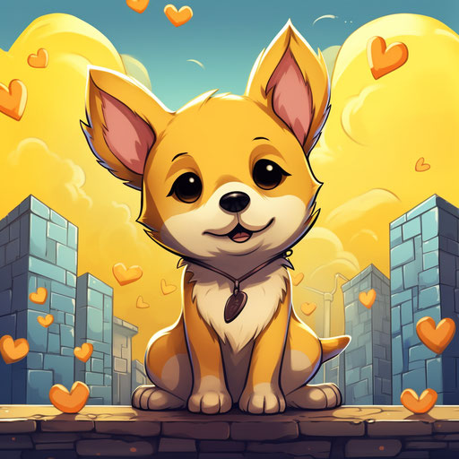 Adorable yellow dog on heart background in charming anime style