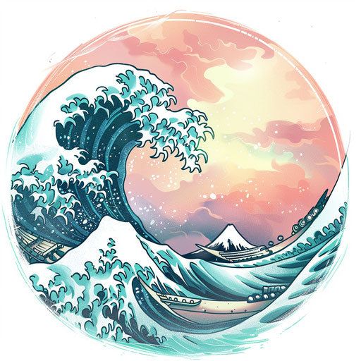Whimsical Japanese wave tattoo sketch clipart light blue green