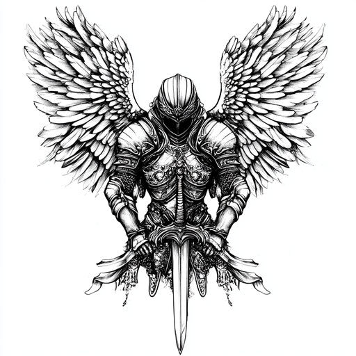 Flat tattoo sketch angel sword armor white background