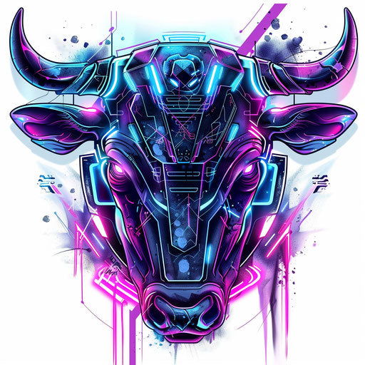 Futuristic cyberpunk bull tattoo concept with neon accents on white digital background