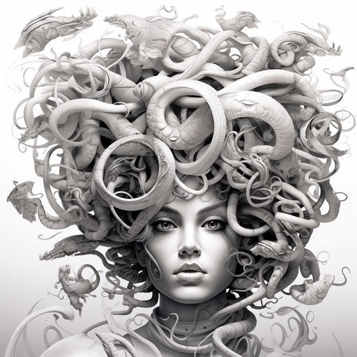 Drawing of woman with Medusa head, hyper-detailed illustrative style
