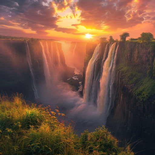 Victoria Falls with stunning mist and sunset glow