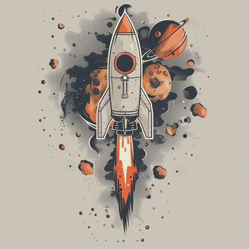 Adventurous flat tattoo sketch of a daring rocket ride through an asteroid belt, grey and rust colors, clipart style